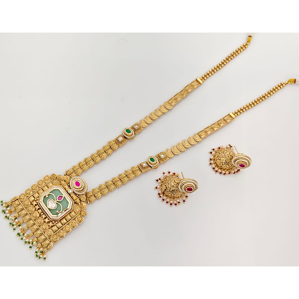 Rajwadi Collection Traditional Pota Stone And Pearl Long Necklace Set