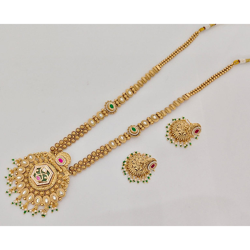 Rajwadi Collection Traditional Pota Stone And Pearl Long Necklace Set