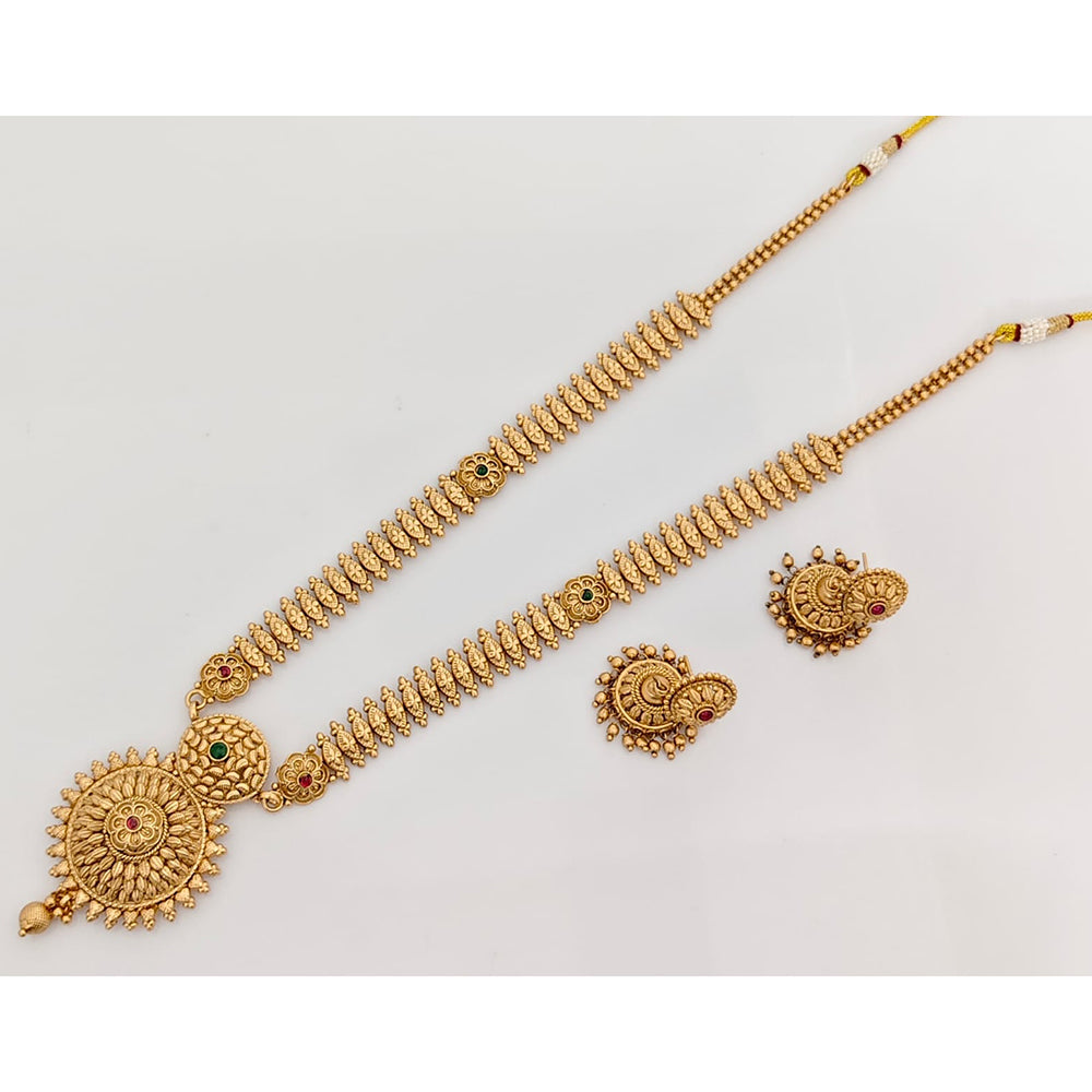 Rajwadi Collection Royal Pota Stone Long Necklace Set With Floral Motifs