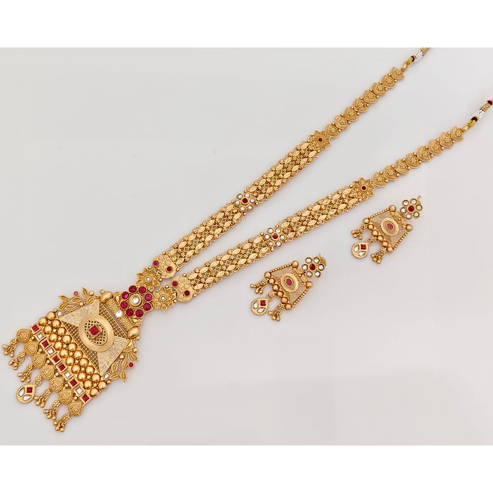 Rajwadi Collection Royal Pota Stone And Crystal Long Necklace Set With Floral Motifs