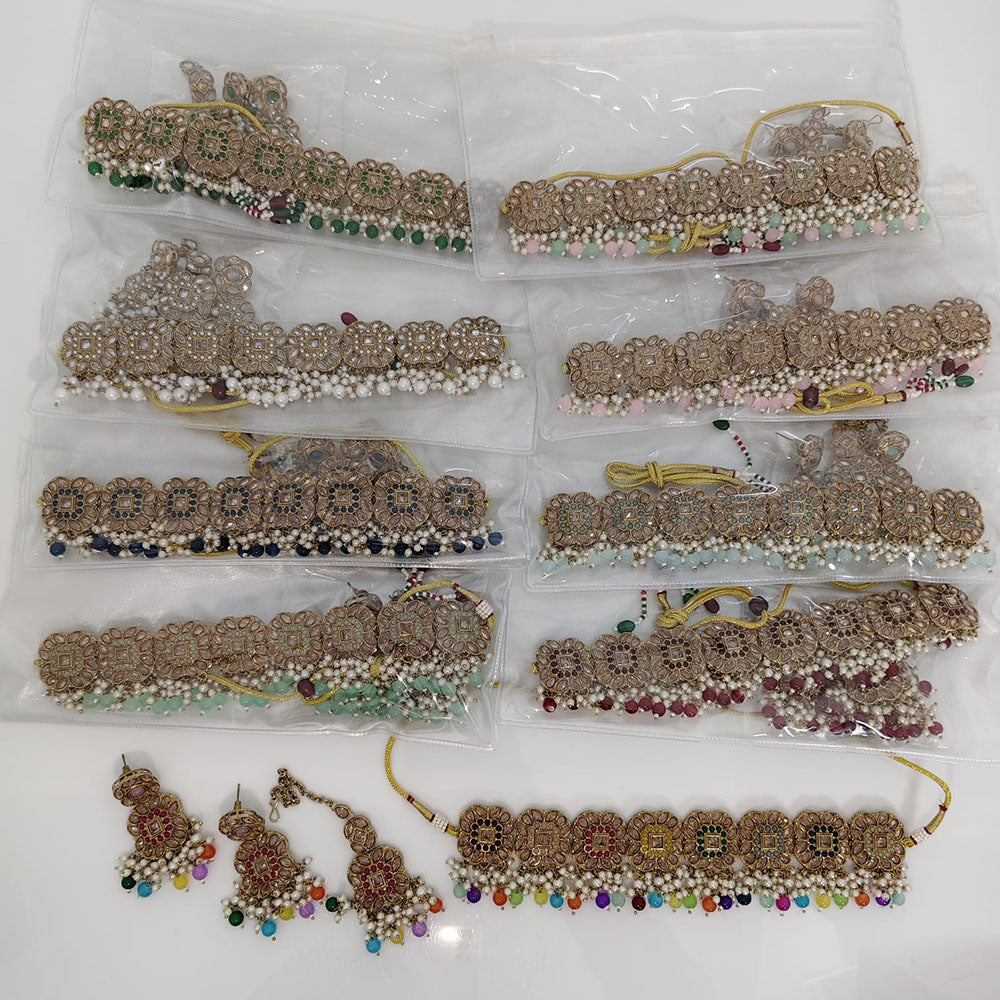 Rajwadi Collection Traditional Pota Stone And Pearls Choker Necklace Set