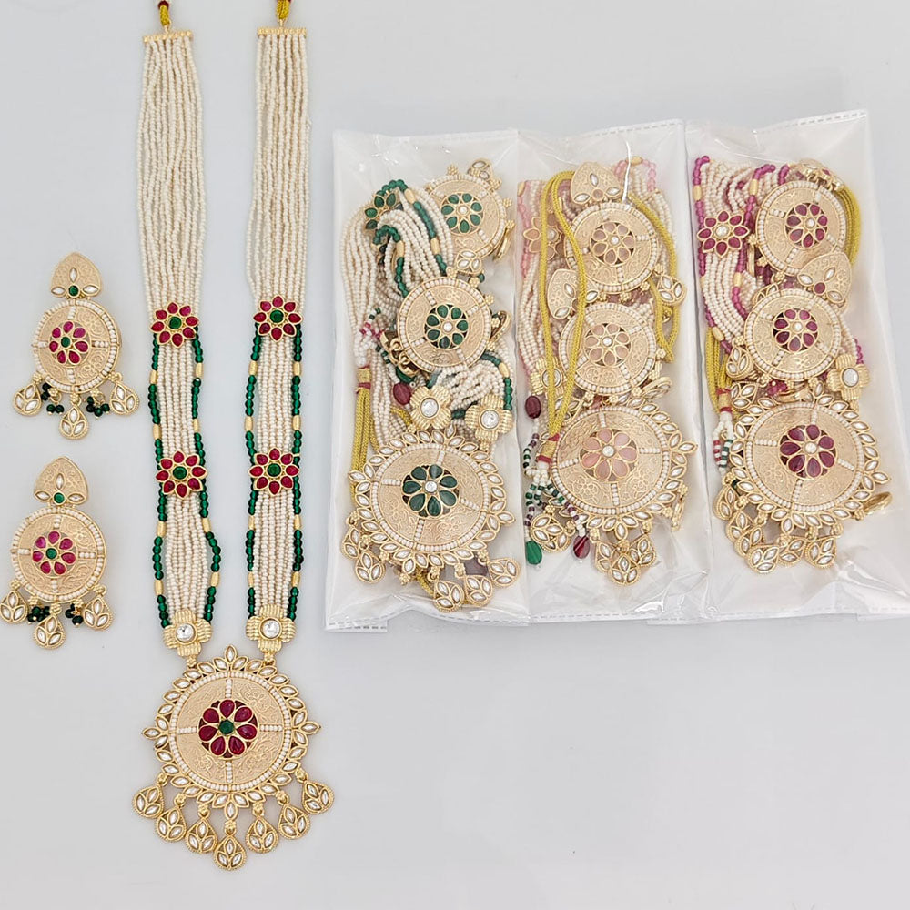 Rajwadi Collection Viraasat Pota Stone And Pearl And Beads Meenakari Long Necklace Set With Flower Motifs