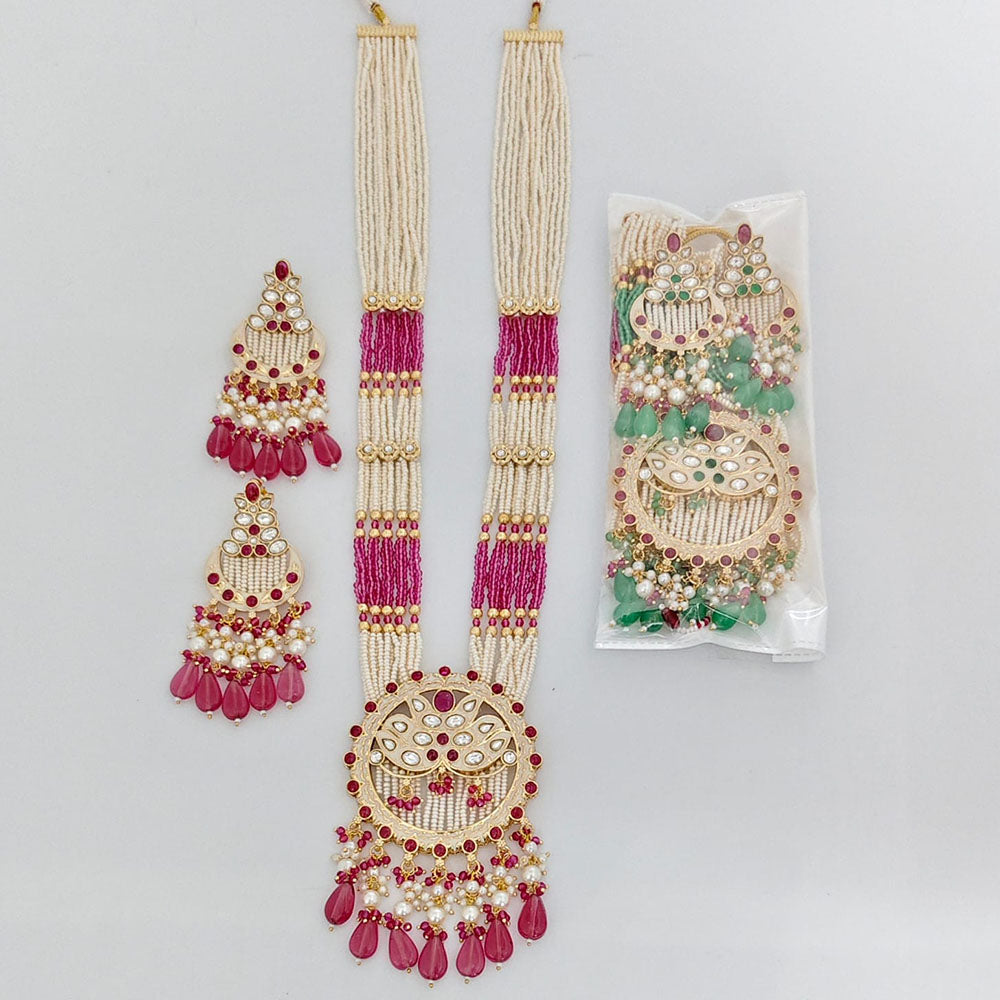Rajwadi Collection Enigma Meenakari Pota Stone And Pearl Long Necklace Set With Lotus Motifs