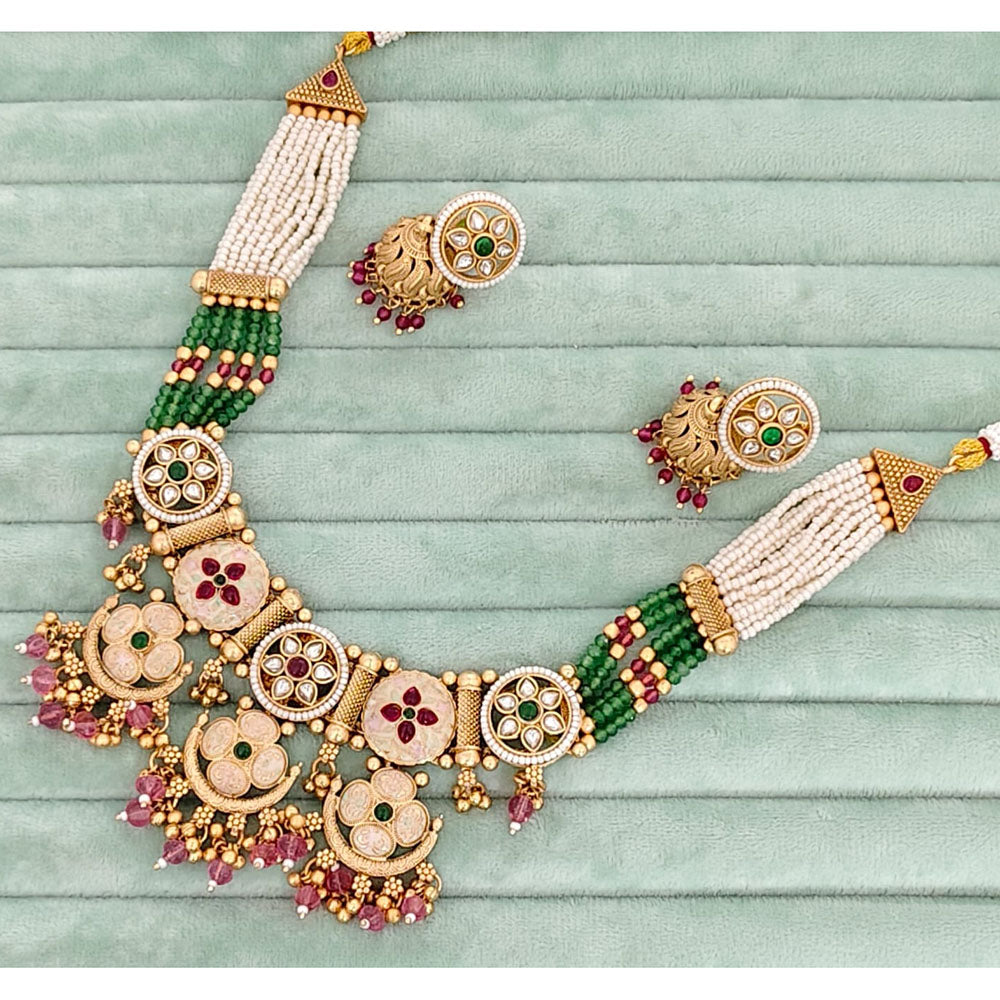 Rajwadi Collection Meenakari Pota Stone and Pearl Necklace Set