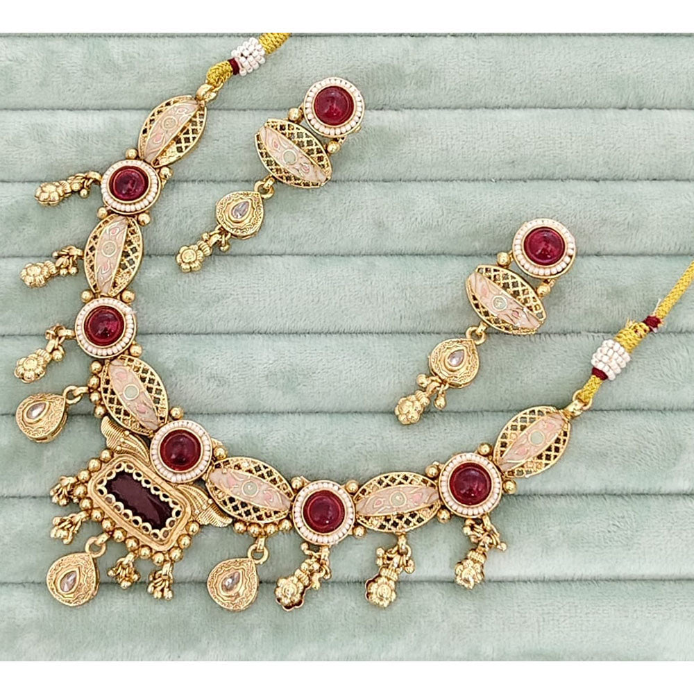 Rajwadi Collection Meenakari Pota Stone and Pearl Necklace Set