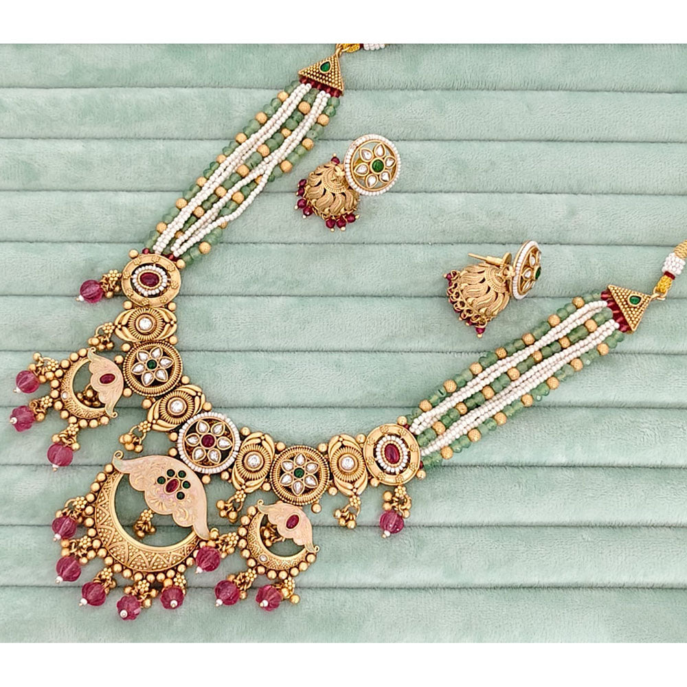 Rajwadi Collection Traditional Meenakari Pota Stone & Pearl Necklace Set
