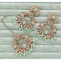 Rajwadi Collection Classic Crystal Stone And Beads Dangler Earrings With Maangtikka