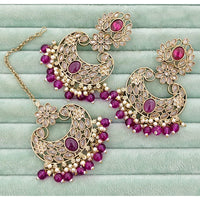 Rajwadi Collection Classic Crystal Stone And Beads Dangler Earrings With Maangtikka