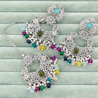 Rajwadi Collection Classic Crystal Stone And Beads Dangler Earrings With Maangtikka