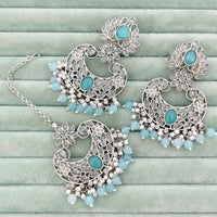 Rajwadi Collection Classic Crystal Stone And Beads Dangler Earrings With Maangtikka