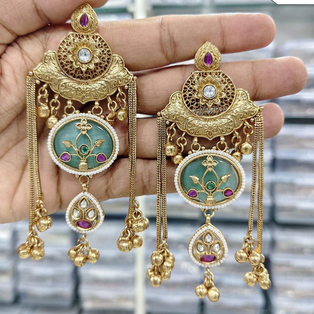 Rajwadi Collection Royal Kashmiri Long Pota Stone And Ghungroo Dangler Earrings