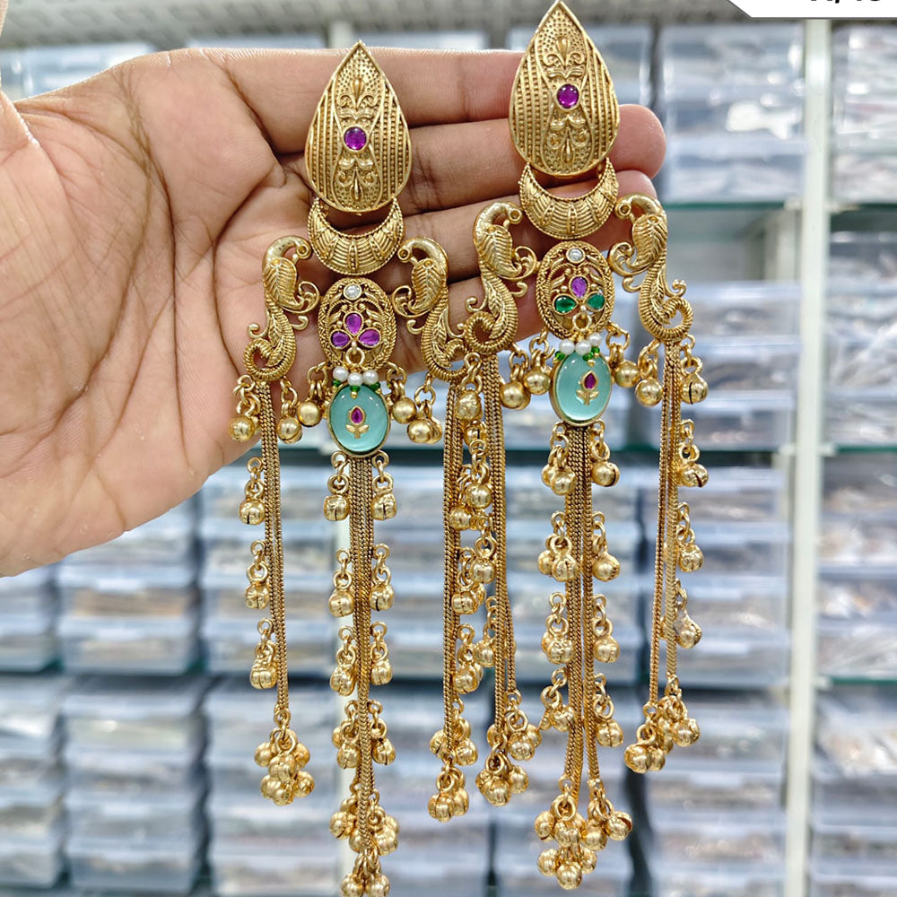 Rajwadi Collection Royal Kashmiri Long Pota Stone And Ghungroo Dangler Earrings