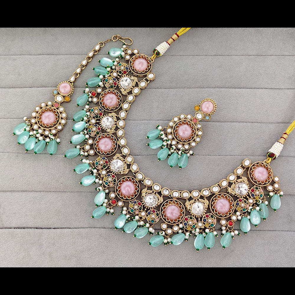 Rajwadi Collection Graceful Pota Stone And Pearl Necklace Set With Earrings