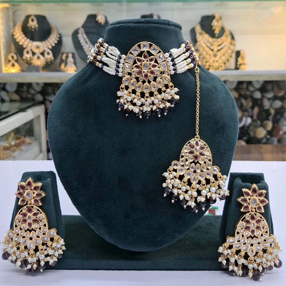 Rajwadi Collection Grand Crystal Stone Pearl And Beads Choker Necklace Set