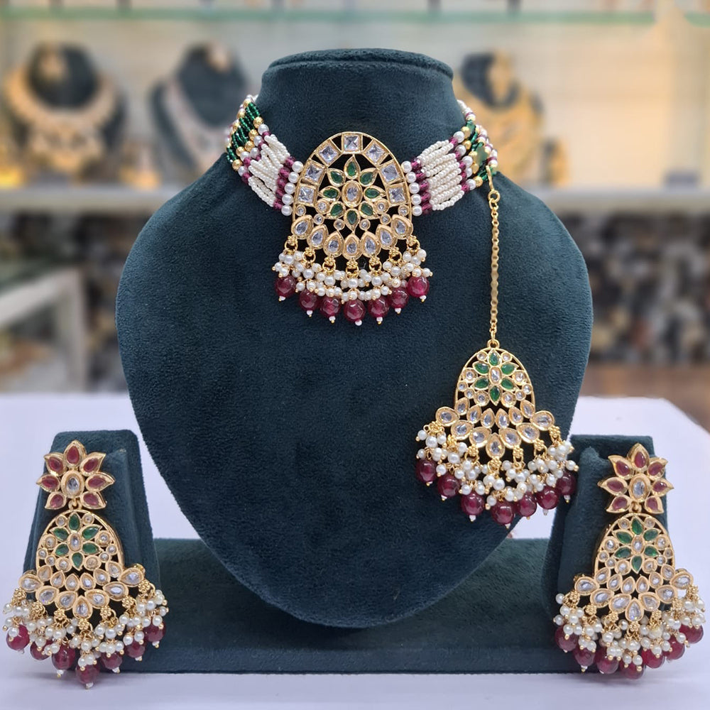 Rajwadi Collection Grand Crystal Stone Pearl And Beads Choker Necklace Set