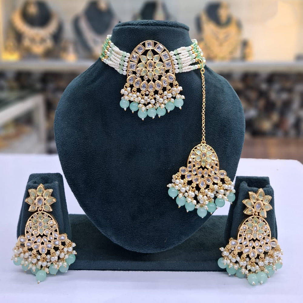Rajwadi Collection Grand Crystal Stone Pearl And Beads Choker Necklace Set