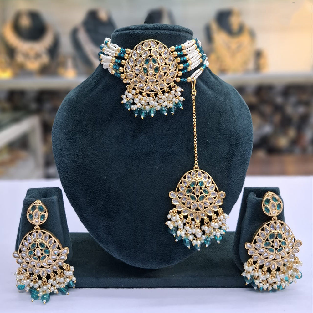 Rajwadi Collection Grand Crystal Stone Pearl And Beads Choker Necklace Set