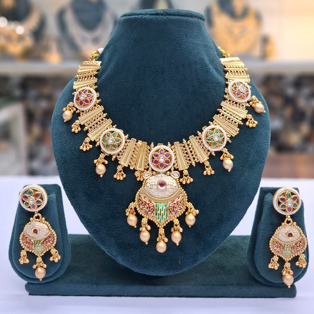 Rajwadi Collection Heritage Pota Stone And Pearl Meenakari Necklace Set