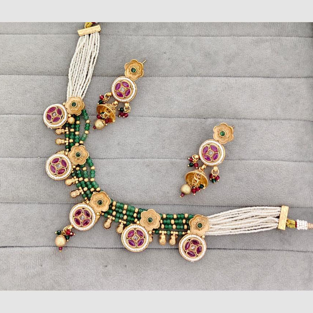 Rajwadi Collection Glam Pota Stone Beads And Pearl Traditional Choker Necklace Set