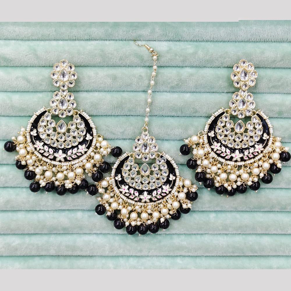 Rajwadi Collection Elegant Kundan Stone and Pearl Meenakari Dangler Earrings With Maangtikka