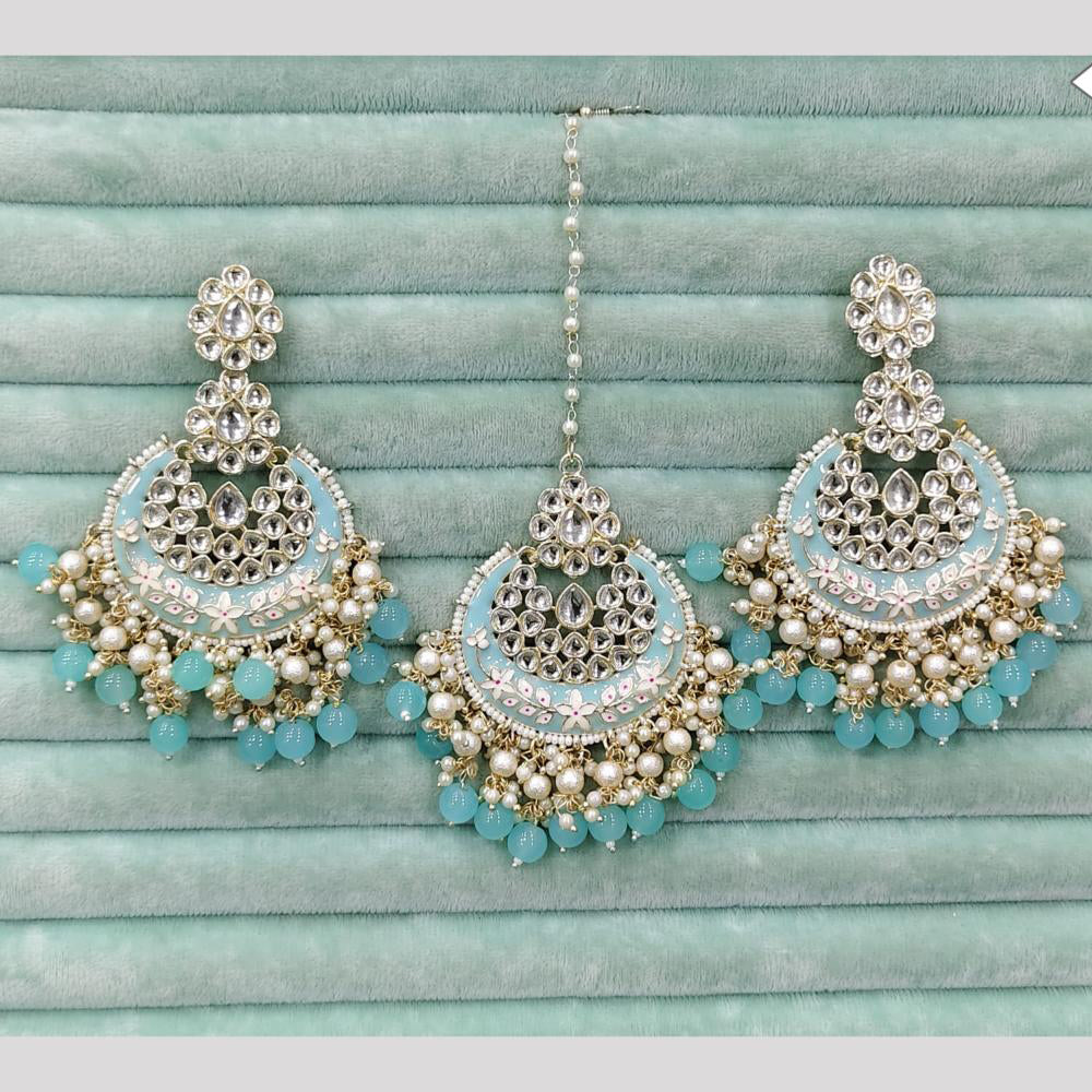 Rajwadi Collection Elegant Kundan Stone and Pearl Meenakari Dangler Earrings With Maangtikka
