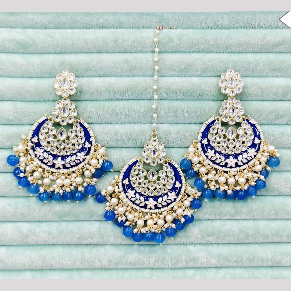 Rajwadi Collection Elegant Kundan Stone and Pearl Meenakari Dangler Earrings With Maangtikka