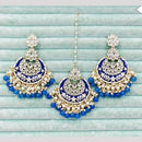 Rajwadi Collection Elegant Kundan Stone and Pearl Meenakari Dangler Earrings With Maangtikka