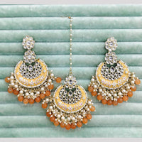 Rajwadi Collection Elegant Kundan Stone and Pearl Meenakari Dangler Earrings With Maangtikka