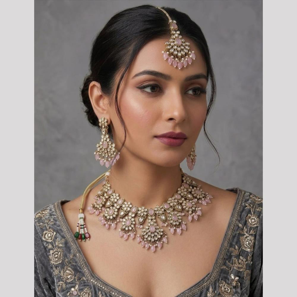 Rajwadi Collection Glam Pota Stone Beads And Pearl Traditional Choker Necklace Set
