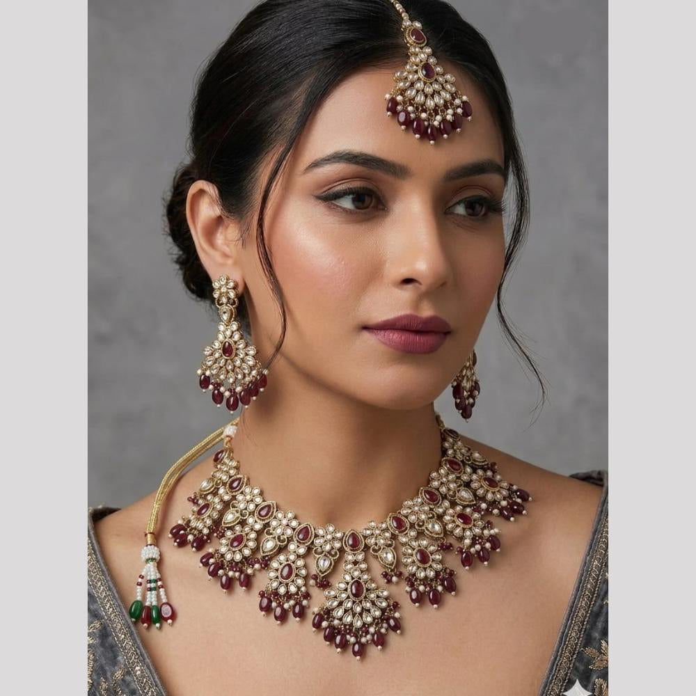 Rajwadi Collection Glam Pota Stone Beads And Pearl Traditional Choker Necklace Set