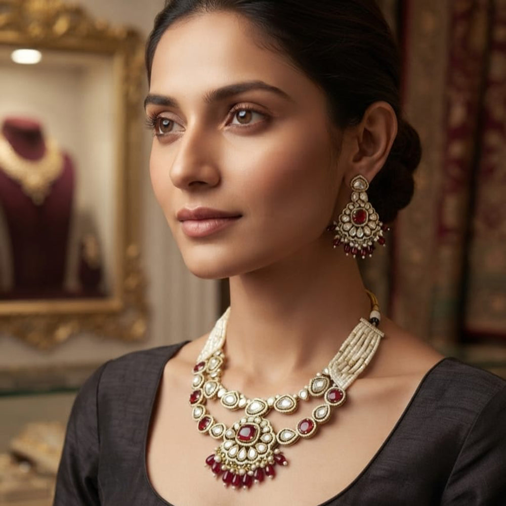 Rajwadi Collection Exquisite Polki Kundan Stone Pearl And Beads Necklace Set