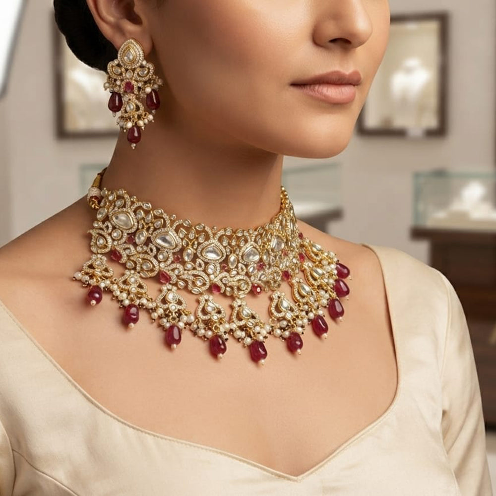 Rajwadi Collection Exquisite Polki Kundan Stone Pearl And Beads Choker Necklace Set 
