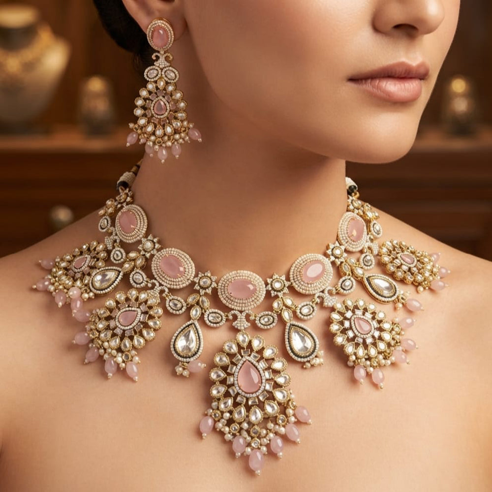 Rajwadi Collection Exquisite Polki Kundan Stone Pearl And Beads Choker Necklace Set 