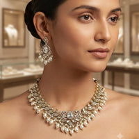 Rajwadi Collection Exquisite Polki Kundan Stone Pearl And Beads Necklace Set