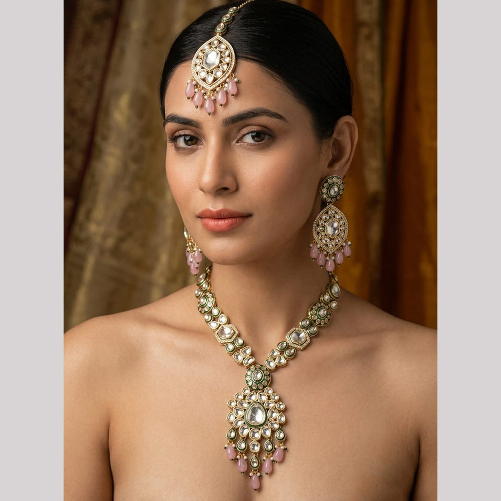 Rajwadi Collection Polki Kundan Stone Pearl And Beads Necklace Set 