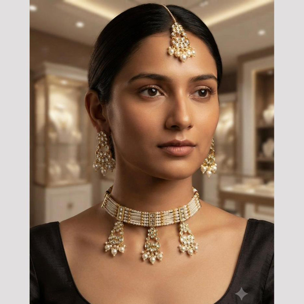 Rajwadi Collection Classic Kundan Stone And Pearl Choker Neckalce Set