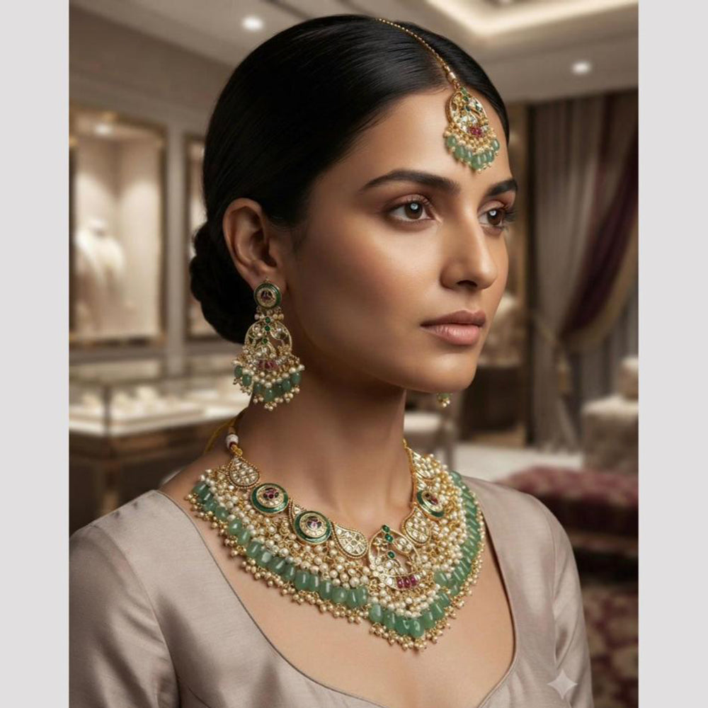 Rajwadi Collection Premium Pota Stone And Pearl Necklace Set for Women