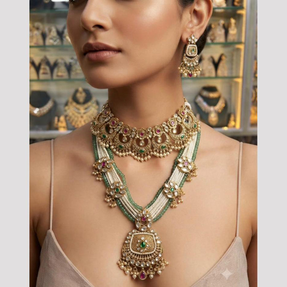 Rajwadi Collection Premium Pota Stone And Pearl Double Necklace Set for Women