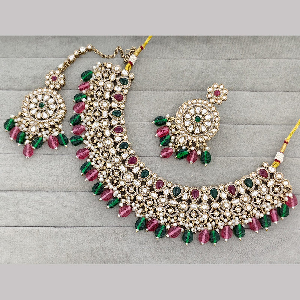 Rajwadi Collection Premium Pota Stone And Pearl Necklace Set