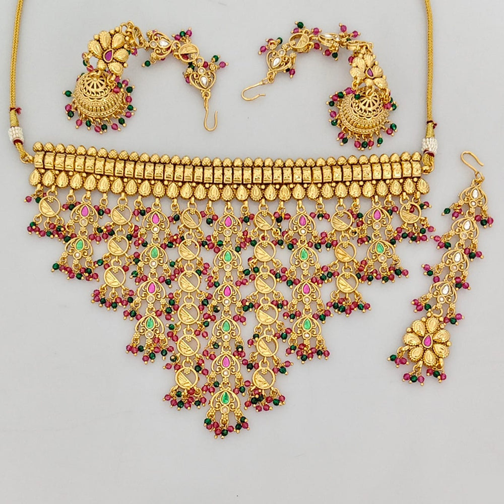 Rajwadi Collection Premium Pota Stone And Pearl Choker Necklace Set