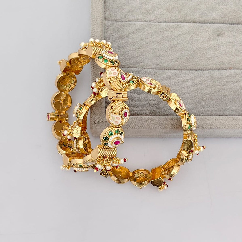 Rajwadi Collection Premium Pota Stone And Pearl Meenakari Openable Bangles Set