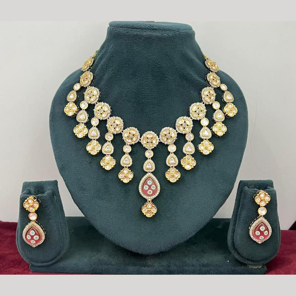 Rajwadi Collection Stylish Pota Stone And Polki Kundan Necklace Set