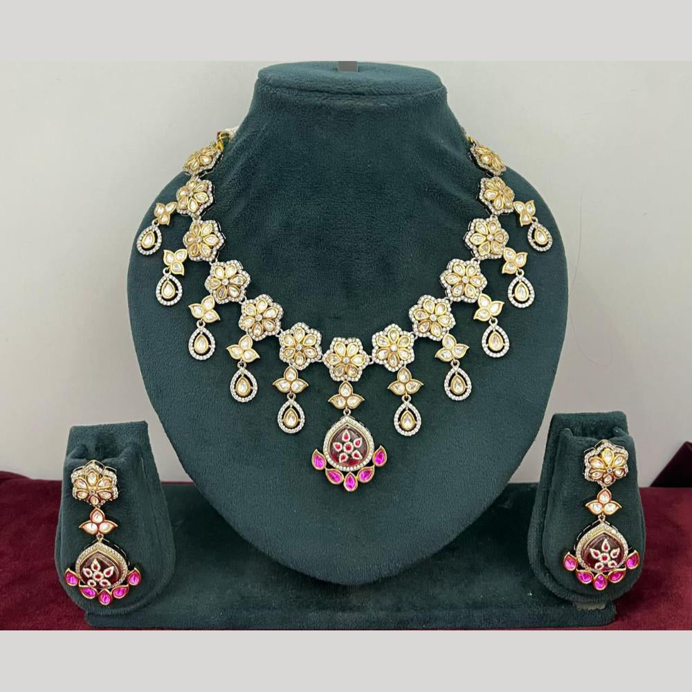 Rajwadi Collection Stylish Pota Stone And Polki Kundan Necklace Set