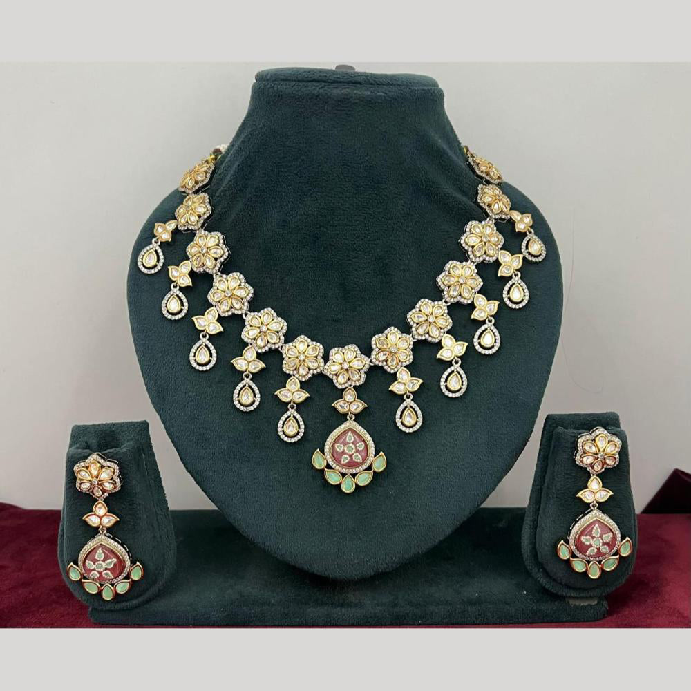 Rajwadi Collection Stylish Pota Stone And Polki Kundan Necklace Set