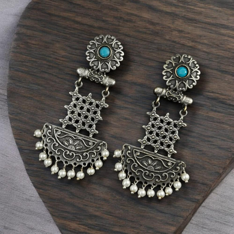 Maharani Jewels Oxidised Plated Pota Stone And Pearls Dangler Earrings