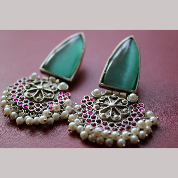 Maharani Jewels Oxidised Plated Pota Stone And  Pearls Dangler Earrings