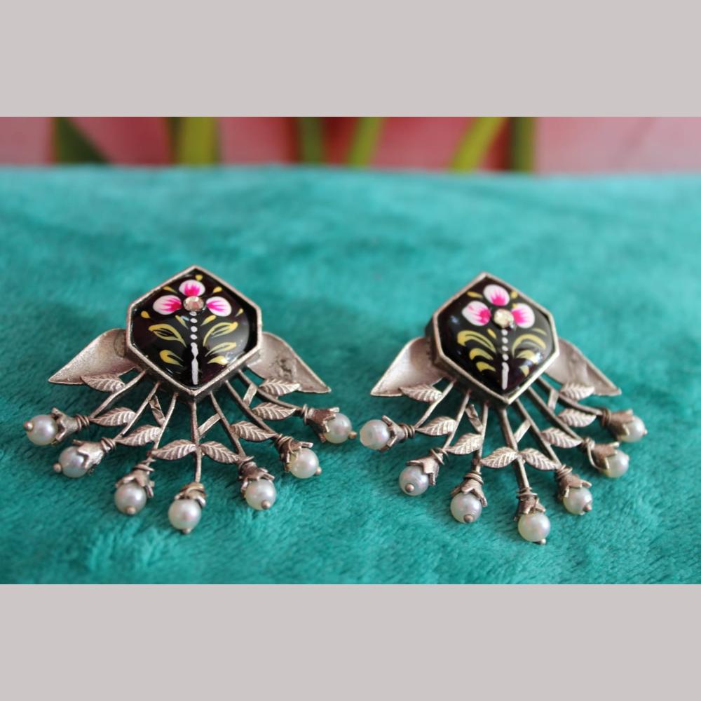 Maharani Jewels Oxidised Plated Pota Stone And  Pearls Dangler Earrings