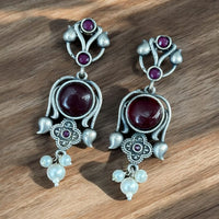 Maharani Jewels Oxidised Plated Pota Stone And  Pearl Dangler Earrings