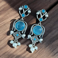 Maharani Jewels Oxidised Plated Pota Stone And  Pearl Dangler Earrings