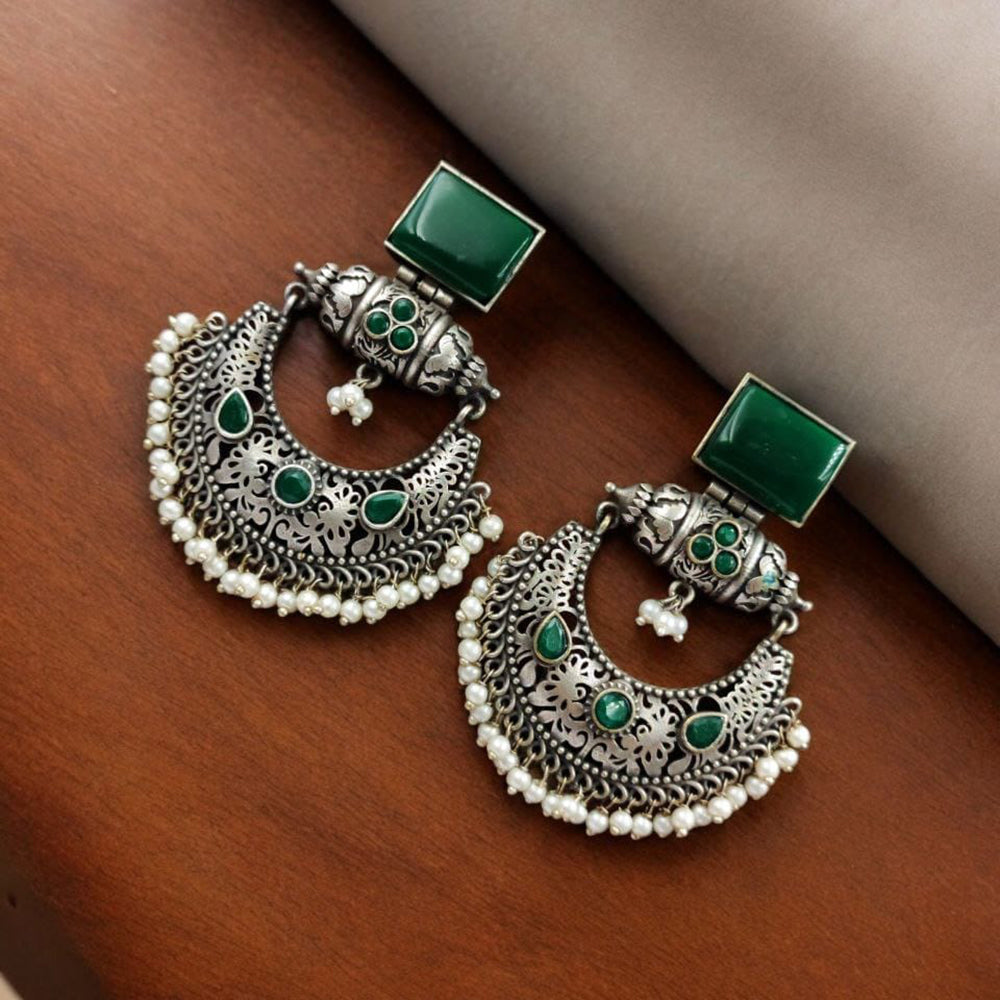 Maharani Jewels Oxidised Plated Pota Stone And  Pearl Dangler Earrings